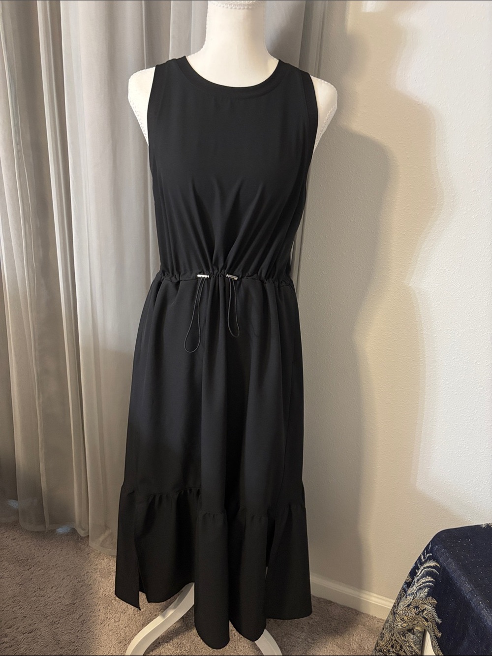 Sleeveless Black Midi Dress with Adjustable Drawstring Waist